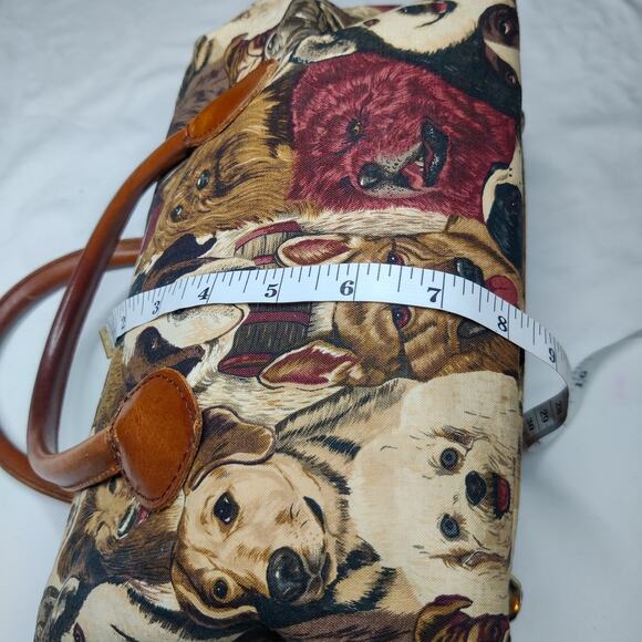 Vintage Canvas Dog Print Animal Tapestry Barrel Handbag Leather Handle Tote Bag - Picture 7 of 15